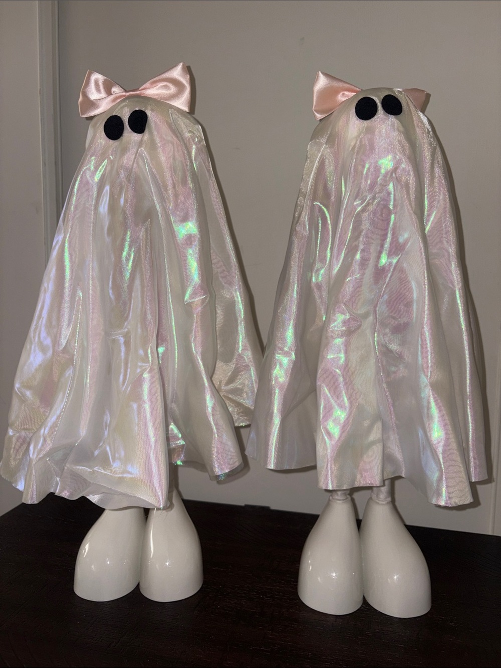 Iridescent Pink/ pale Orange bow Ghost Holiday Decor Pair